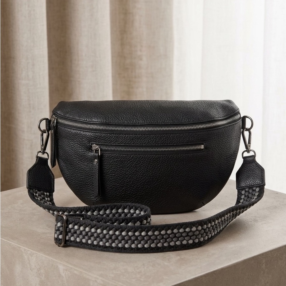 Textured Black Leather Crossbody Belt Bag with Patterned Strap
